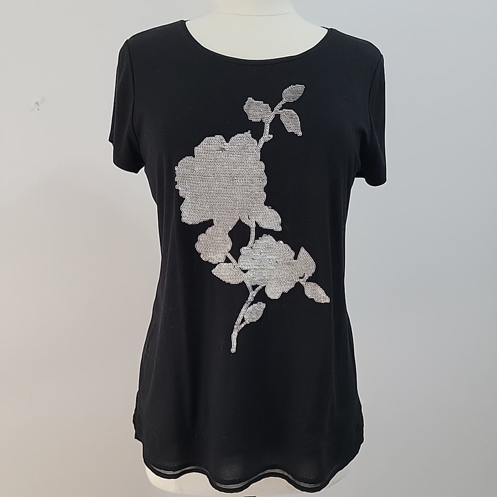 White House Black Market Silver Sequin Rose Floral Short Sleeve Blouse Top Sz M